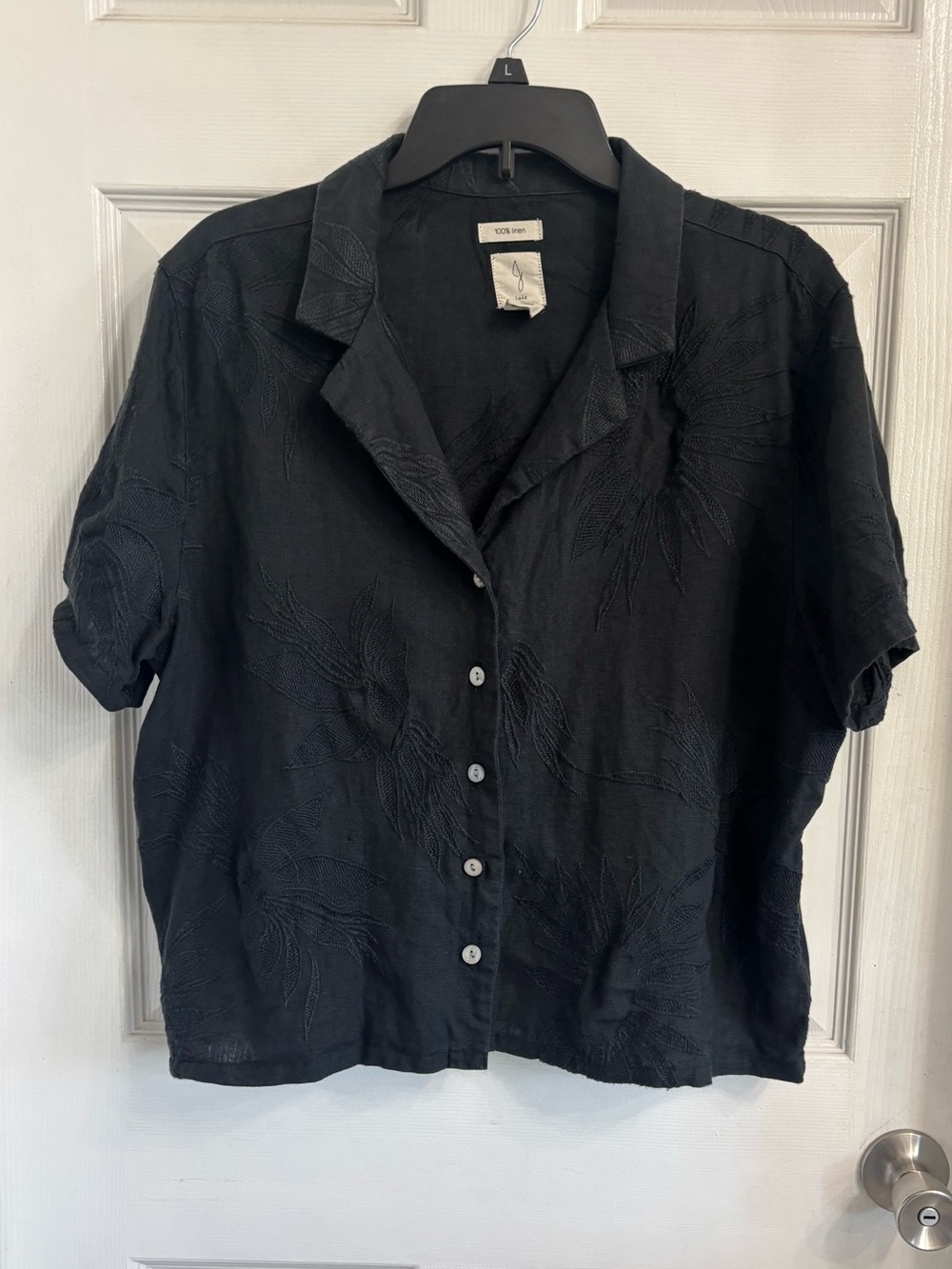 Joie Black Linen Button-Up Shirt Floral Embroidered XL Boxy